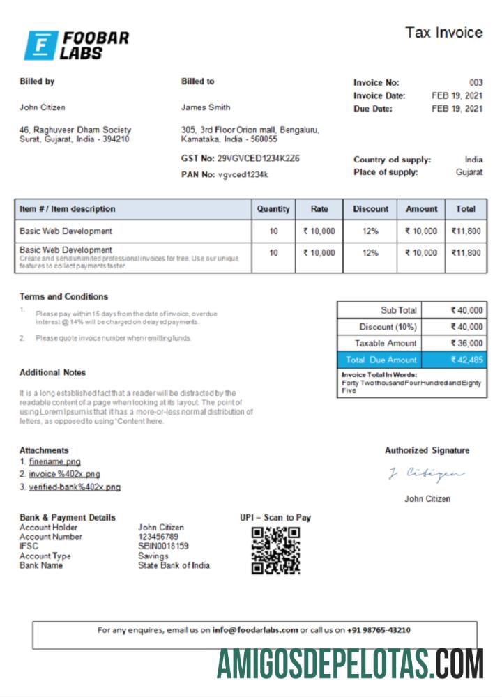 Fatura 1 da empresa de tecnologia da informação da Índia Foobar Labs exemplo